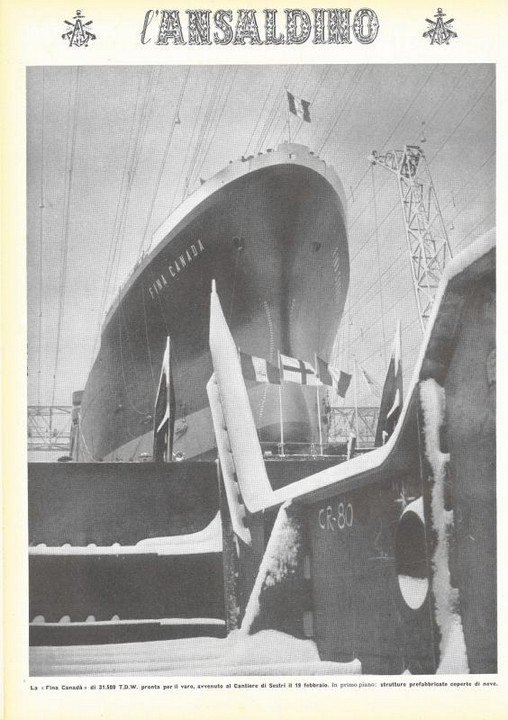 p. 16 (quarta di copertina), la "Fina Canadà" pronta per il varo al Cantiere navale di Sestri Ponente il 19 febbraio 1956